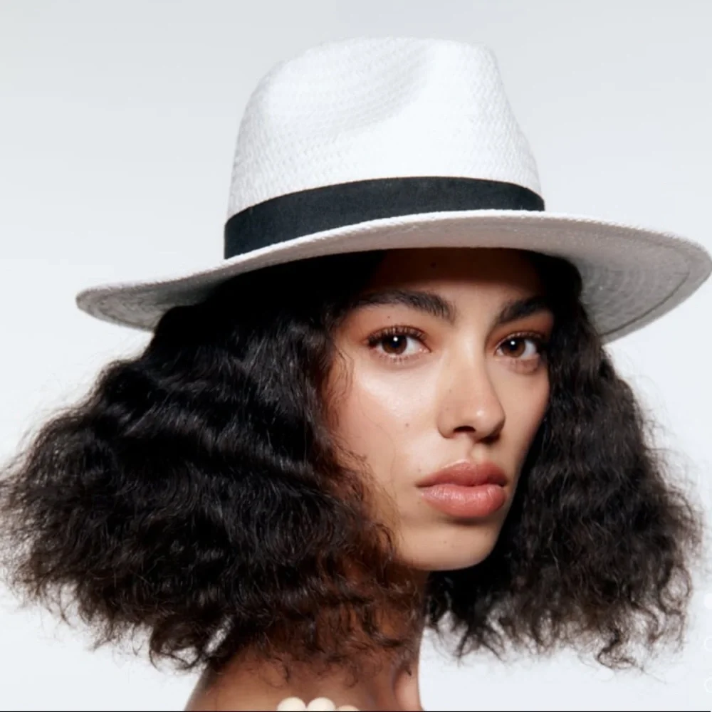 ZARA White Woven Hat with Contrasting Black Band S/M BNWT - Picture 2 of 4